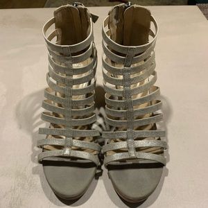 Silver leather gladiator 3” wedge sandals